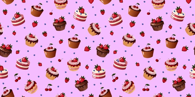 El patrón rosa sin costuras de los postres con fresas y cerezas