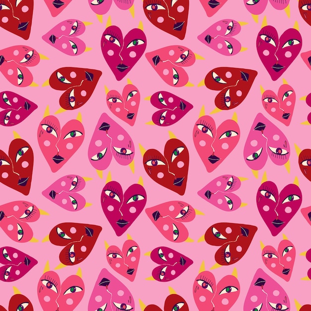 Patrón rosa fresco con corazones diabólicos rojos para el Día de San Valentín y las vacaciones de Halloween