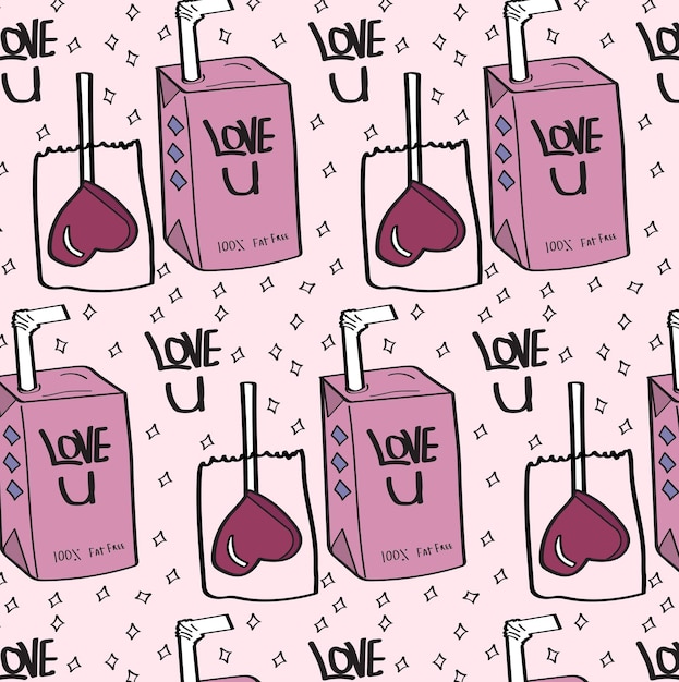 Patrón rosa de San Valentín con una piruleta en forma de corazón y una caja de jugo