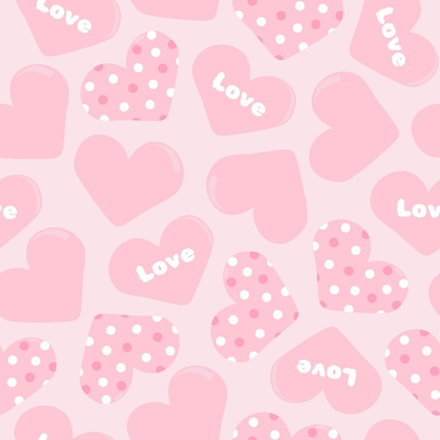 Patrón rosa transparente con corazones con letras, lunares y monocromo en vector