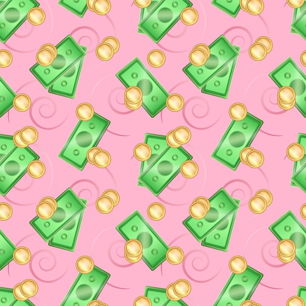 Vector patrón rosa transparente de dibujos animados con billetes verdes tridimensionales y monedas de oro