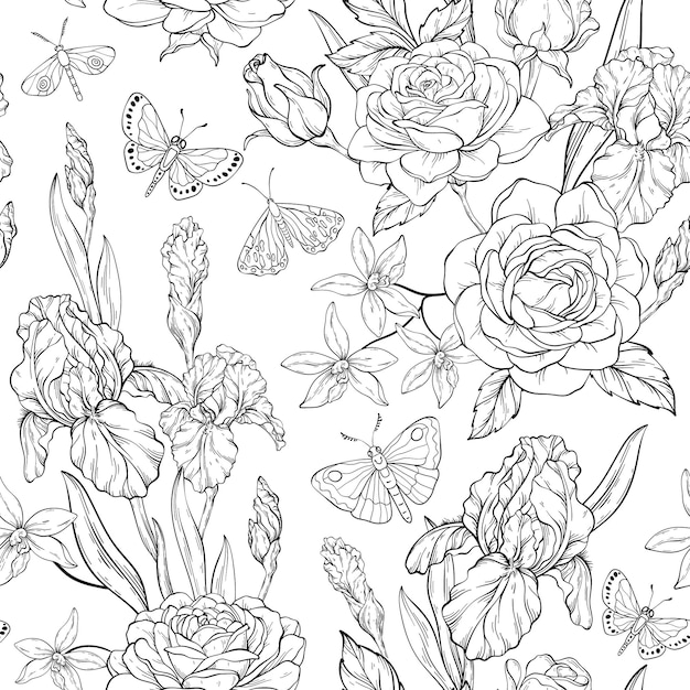Patrón con rosas de contorno, iris y orquídeas con mariposas