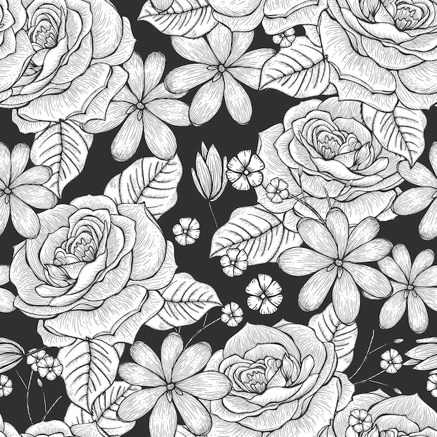 Patrón de rosas dibujadas a mano sin costuras retro sobre fondo negro