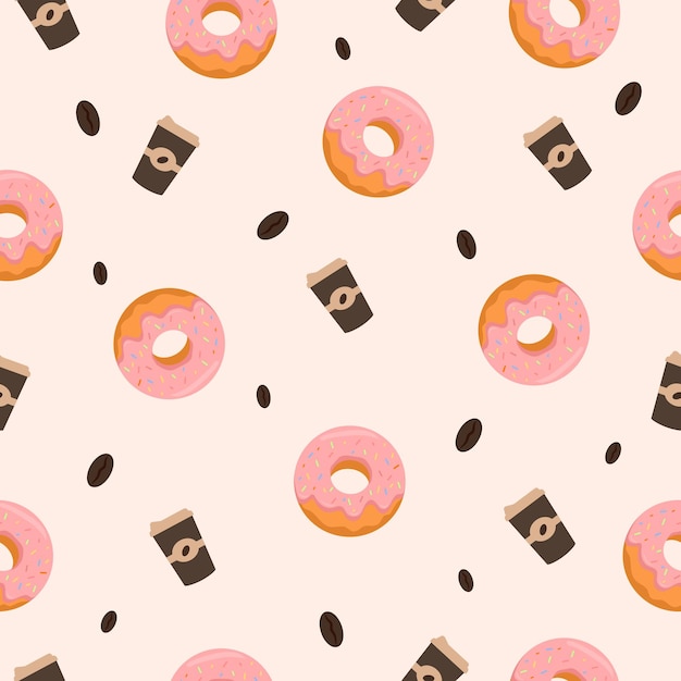 Patrón de rosquilla y café en el fondo Ilustración vectorial de rosquillas rosa