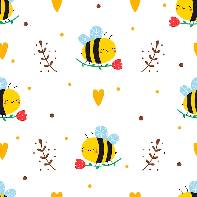 Patrón Saemless con linda abeja flor y corazón ilustración vectorial