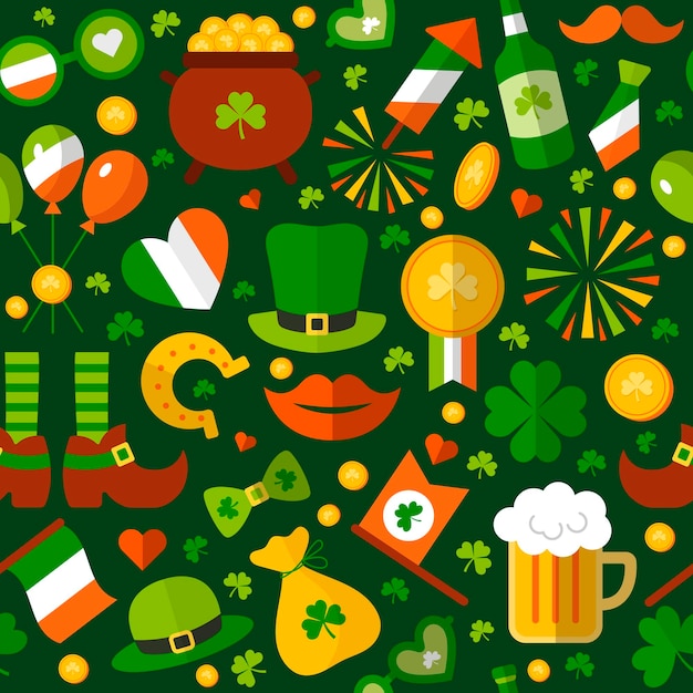 Patrón de san patricio Carácter de duende con hoja de trébol verde dorado artículos de la suerte Fondo transparente de vector reciente para proyectos de diseño textil