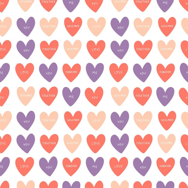 Patrón de san valentín con corazones de colores con inscripciones.