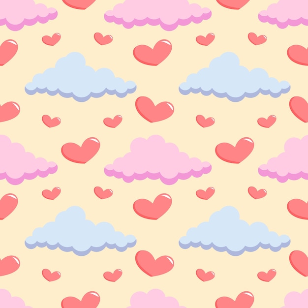 Patrón de San Valentín con nubes y corazones.