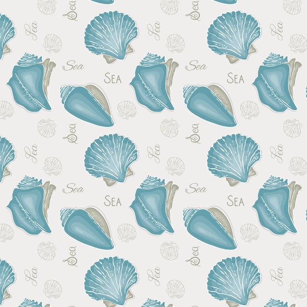 Patrón Seashell dibujo de garabatos dibujado a mano, texto Mar, color azul.