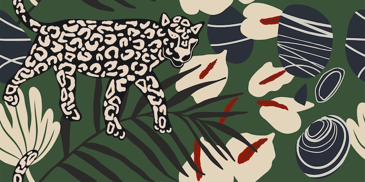 Vector patrón de selva abstracto dibujado a mano con leopardos patrón sin costura contemporáneo de collage creativo