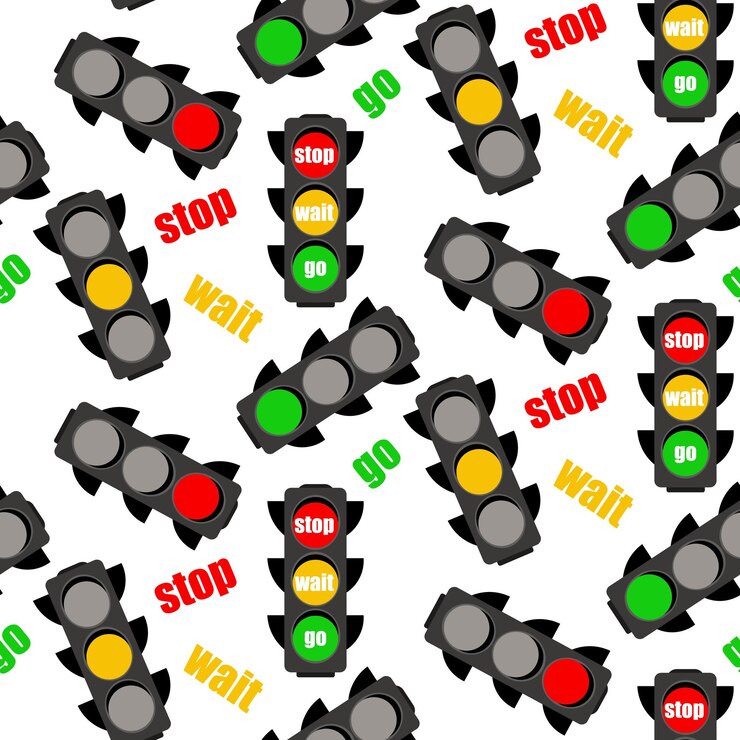 Vector patrón con semáforos y diferentes colores ardientes fondo sin costuras con un patrón de grandes