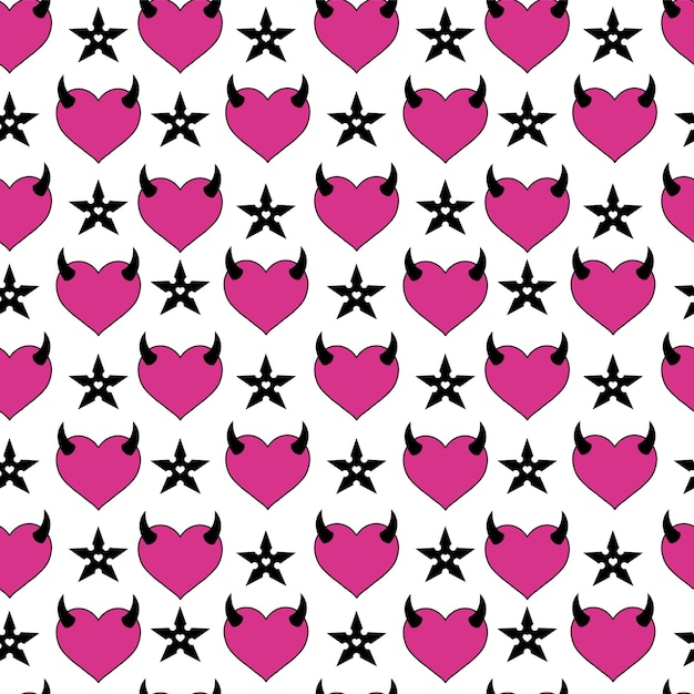 Patrón semless gótico rosa Y2k con corazón de diablo y shuriken. Estética de los 90, 00.