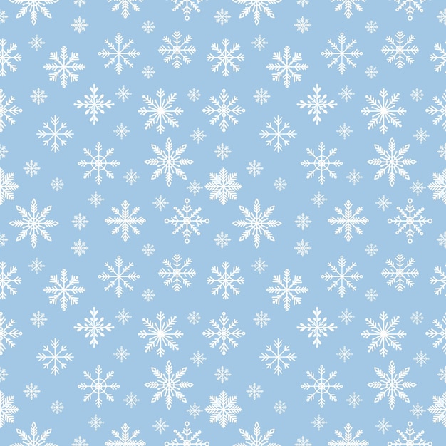 Patrón sencillo sin costuras con copos de nieve blancos de diferentes formas sobre un fondo azul