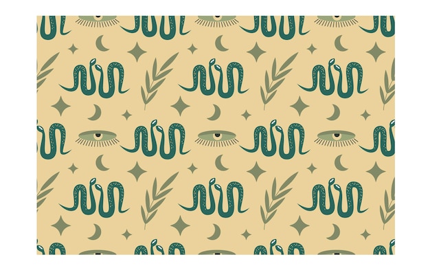 Patrón de serpiente sin costuras con plantas estrellas y símbolo esotérico