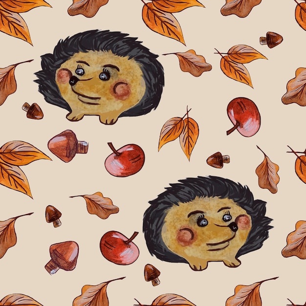 Patrón setas hojas de otoño manzanas erizo con un hongo composición vectorial patrón sin costuras