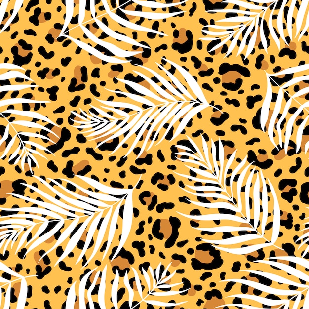 Vector sin patrón de siluetas de hojas de palma dypsis lutescens en el fondo de una piel de leopardo.