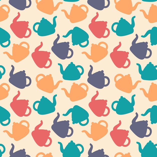 Patrón de siluetas multicolores de la tetera caldera cocina impresión sin costura fiesta de té utensilios de cocina