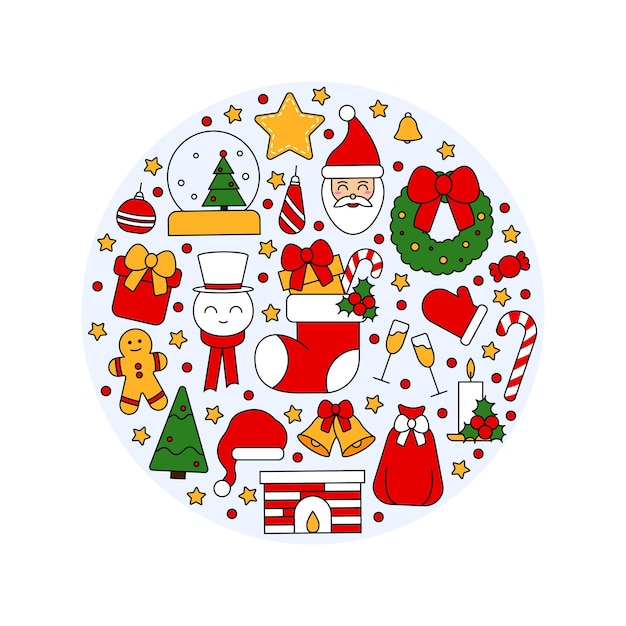 Patrón con símbolos de Navidad y feliz año nuevo. En estilo tradicional vintage para postal, tela, banner, plantilla para felicitaciones, papel de regalo. Vector ilustración plana.