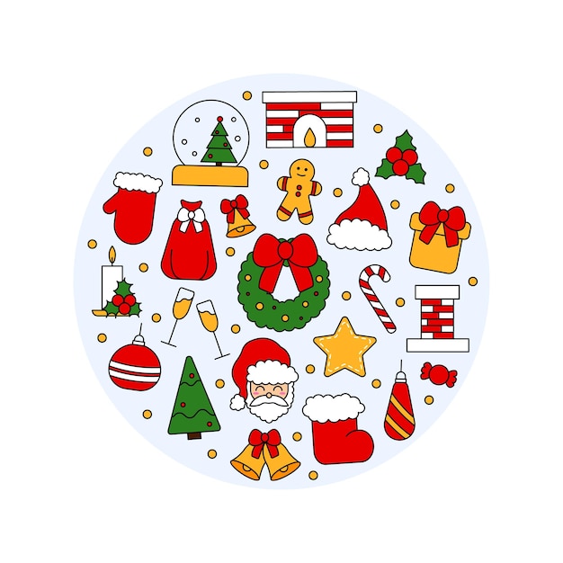 Patrón con símbolos de Navidad y feliz año nuevo. En estilo tradicional vintage para postal, tela, banner, plantilla para felicitaciones, papel de regalo. Vector ilustración plana.