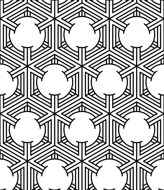 Patrón simétrico monocromático sin fin, diseño gráfico. Los círculos geométricos entrelazan la composición óptica.