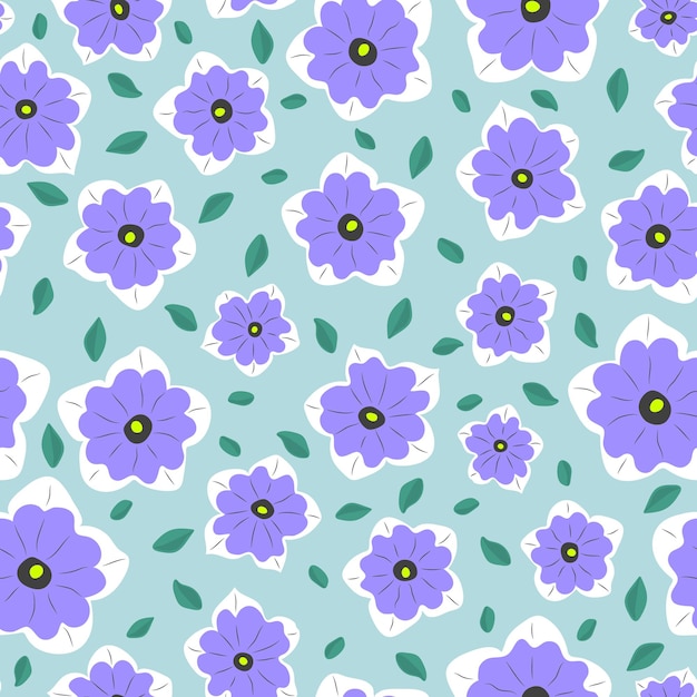Patrón simple sin costuras. Estilo minimalista. Flores lilas y hojas verdes sobre un fondo verde claro.