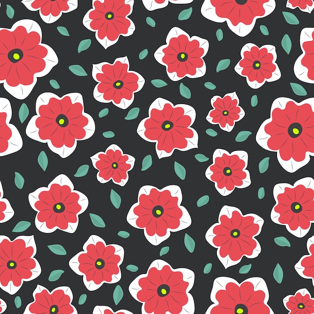 Patrón simple sin costuras. Estilo minimalista. Flores rojas y hojas verdes sobre un fondo oscuro.