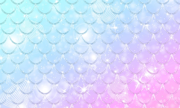 Patrón de sirena kawaii. Escamas de pescado. Estrellas holográficas de acuarela.