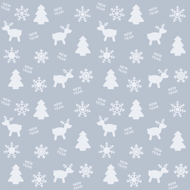 Patrón sobre el tema de año nuevo o navidad con la imagen de copos de nieve, árbol de navidad, ciervos