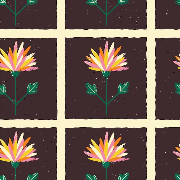 Patrón sobre el tema de las plantas Patrón cuadrado con flores sobre un fondo oscuro Ilustración vectorial