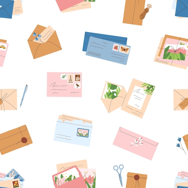 Patrón de sobres y cartas de papel. Fondo sin costuras con postales, tarjetas de felicitación, sellos postales y sellos. Impresión de correo y correspondencia. Ilustración vectorial plana de colores para envolver y decorar.
