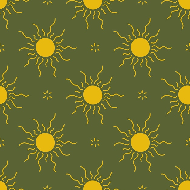 Patrón de sol celestial Fondo transparente mágico con sol y estrellas Diseño vectorial verde y amarillo