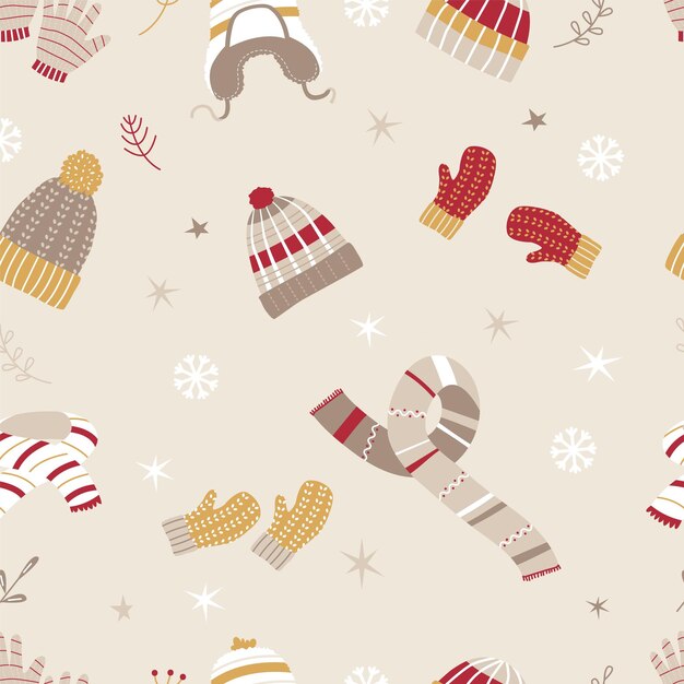Patrón de sombrero de invierno sin costuras Accesorios cálidos de temporada Elementos de punto de moda Embalaje acogedor o diseño de impresión de tela Fondo vectorial cómodo