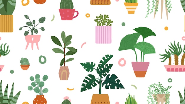Patrón suculento. Plantas caseras en el fondo de las macetas. Palma de cactus Doodle aislada. Textura inconsútil del vector del jardín floral escandinavo. Floral y flor, ilustración perfecta del jardín de plantas botánicas