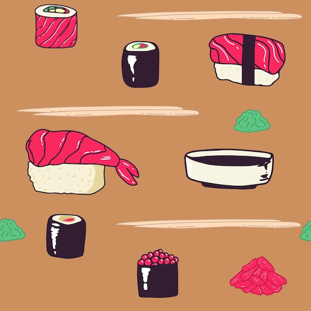 Patrón de sushi sin costura vectorial iconos aislados de sushi en la ilustración de vector de patrones sin fisuras