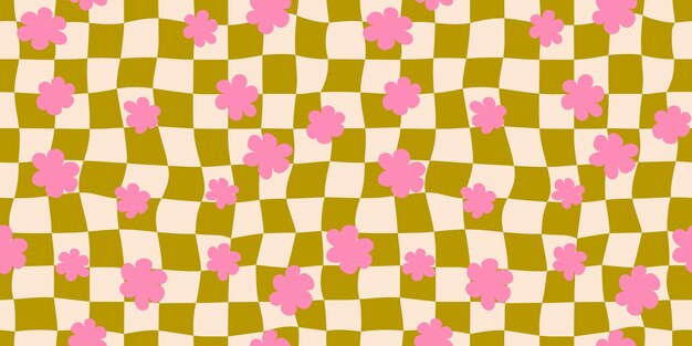 Patrón de tablero de ajedrez floral sin costuras Repetición de textura a cuadros distorsionada con flores de margarita Groovy