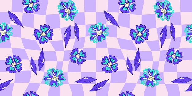 Patrón de tablero de ajedrez psicodélico trippy de flor sin costura Patrón sin costura psicodélico púrpura Estampado de margarita floral mágico Diseño trippy Ilustración plana floral hippie Estampado retro y2k