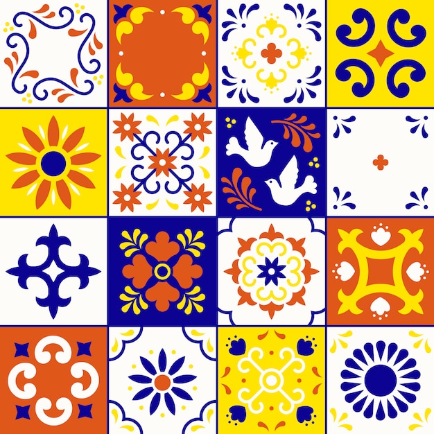 Patrón de talavera mexicana. Adornos de azulejos en estilo tradicional de Puebla. Mosaico floral de México