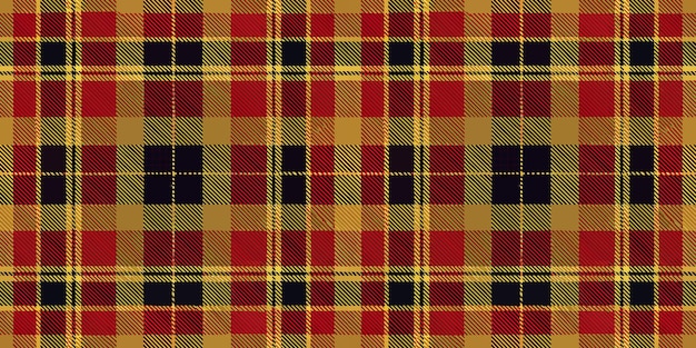 Un patrón de tartan vibrante con cuadrados rojos, amarillos y negros que crea una estética clásica y cálida