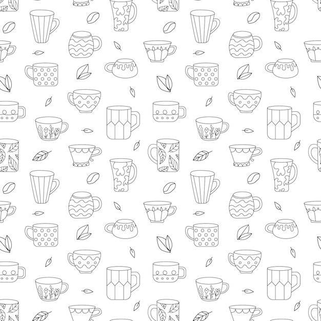 Patrón de taza de vector transparente en estilo doodle