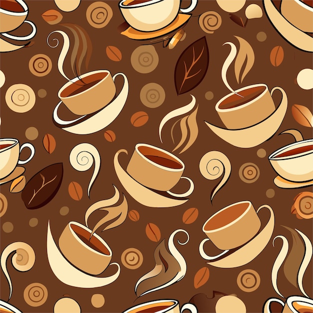un patrón de tazas de café y hojas con las palabras café en la parte superior