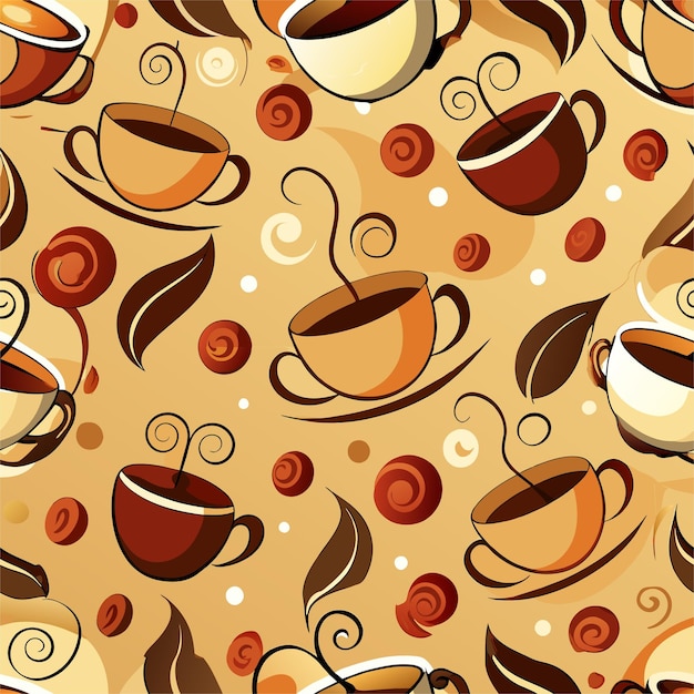 un patrón de tazas de café y hojas con las palabras café en la parte superior