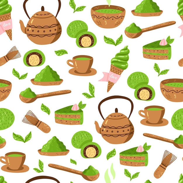 Patrón de té verde matcha. Patrón de cultura japonesa sin fisuras con Matcha en polvo, tazón de fuente, tetera y cupcake. Ilustración vectorial. Impresión de ceremonia de bebida para tela, embalaje.
