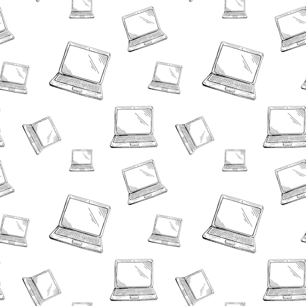 Patrón técnico. Dibujado a mano, ordenadores y portátiles de estilo boceto sobre fondo blanco. Telón de fondo de vector transparente.