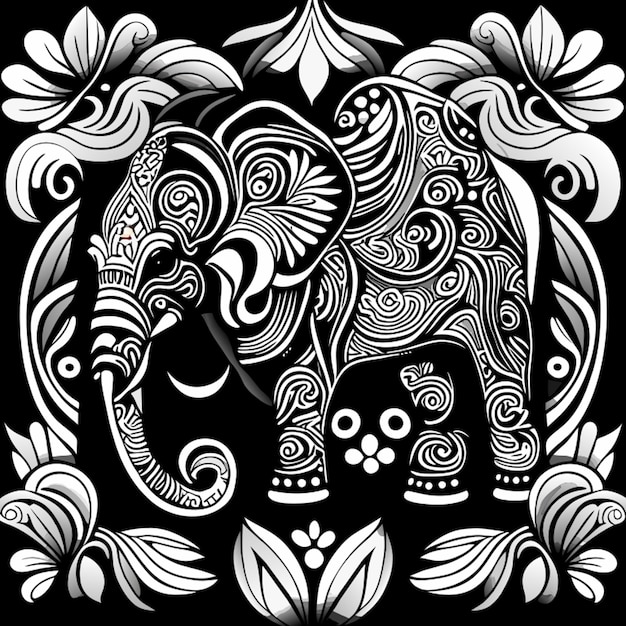 patrón de tela de mano de elefante sin costura de tono negro y blanco ilustración de contorno ilustración vectorial