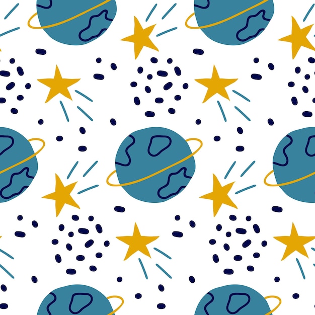 Patrón temático espacial sin costuras con planetas, estrellas y elementos cósmicos abstractos en azul grueso