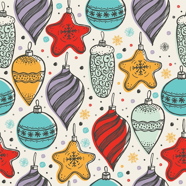 Patrón de temporada de color de Navidad con juguetes dibujados a mano