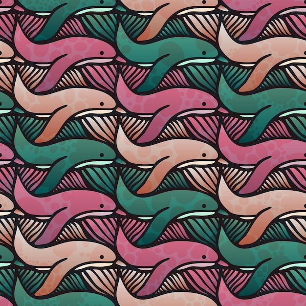 Patrón de teselación vectorial sin costuras con delfines y colores gradientes