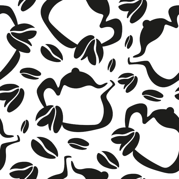 patrón con teteras para la elaboración de bebidas y granos de café colocados al azar para diferentes envases