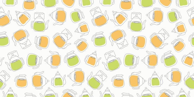 Patrón de teteras de vidrio sin costuras té dibujo de garabatos té en teteras bebida caliente plantilla repetida