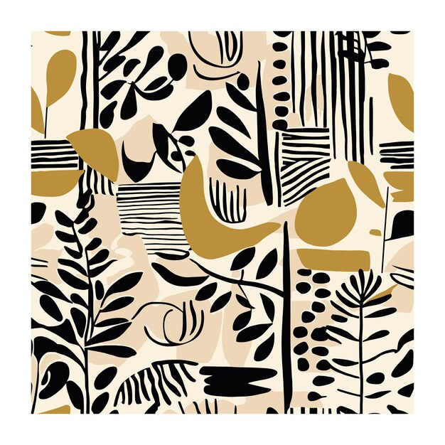 Patrón textil botánico clásico neutro de color beige y mostaza negro